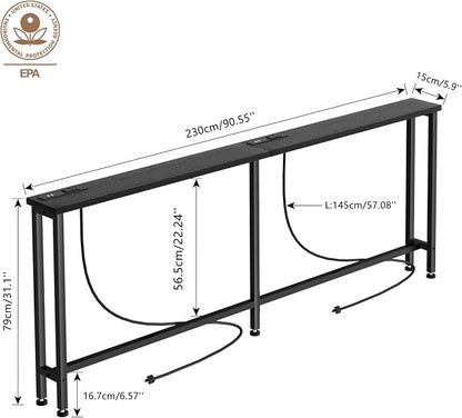 Keelian 90" Narrow Sofa Table - 2 Power Outlets & 4 USB Ports, Metal Frame,Perfect for Hallway, Office, and Behind Sofa - Easy Assembly, 4.9ft Extension Cord Included Black