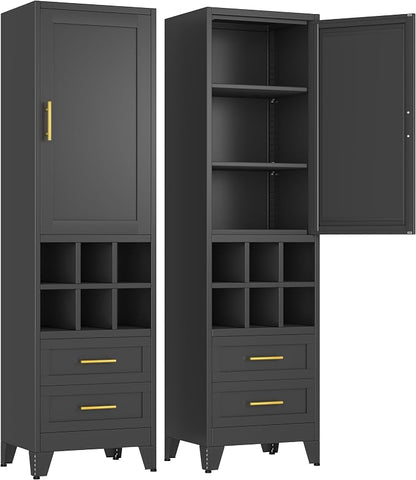 Metal Tall Narrow Storage Cabinet, Freestanding Floor Cabinet with Drawers and Adjustable Shelves, Pantry Storage Cabinet for Bathroom, Living Room, Entryway and Kitchen
