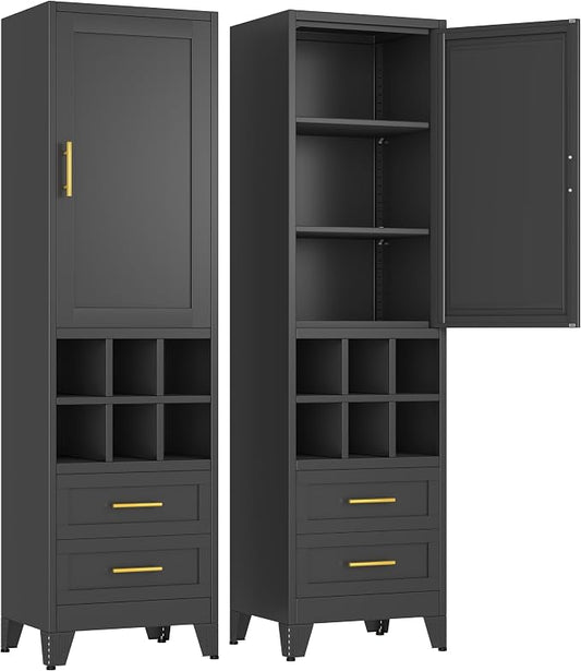 Metal Tall Narrow Storage Cabinet, Freestanding Floor Cabinet with Drawers and Adjustable Shelves, Pantry Storage Cabinet for Bathroom, Living Room, Entryway and Kitchen