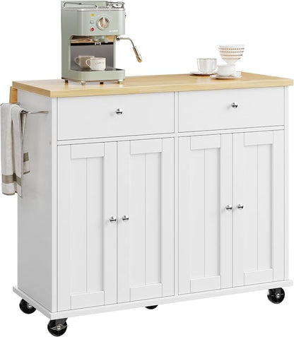 JY QAQA 39" Rolling Kitchen Island Cart on Wheels, Mobile Storage Cabinet with 2 Drawers & Double Door Cabinet, Cart Handle for Towel Rack or Free Mobility, Portable Islands for Kitchen, White