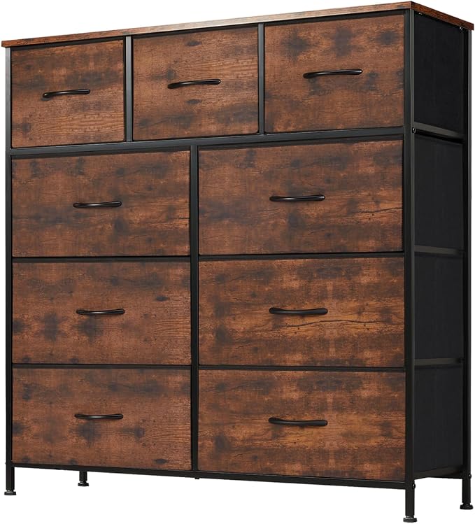 DUMOS 9 Drawer Dresser for Bedroom, Storage Organizer Chest of Drawers | Fabric Bins Storage Tower with Sturdy Metal Frame, Wood Tabletop for Closet, Brown