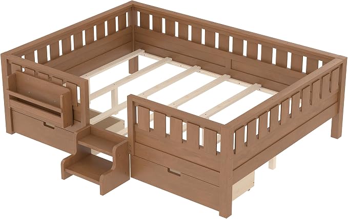 Queen Platform Bed with Storage Drawers and Bookshelves, Kids Platform Bed Frame with Low-profile Stairs and Full-length Guardrails, Queen Bed Frame for Boys, Girls, No Box Spring Needed, Nature