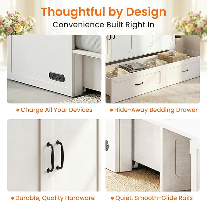 CECER Queen Murphy Bed with Mattress for Small Space/Guest-White | Large Storage Drawer ＆ Built-in Multi-Port Charging Station，Space Saving ＆ Easy Assemble and Conversion