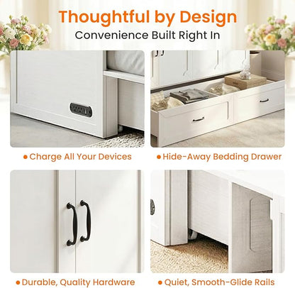 CECER Queen Size Murphy Bed，Murphy Cabinet Bed Queen with Charging Station ＆ Storage Drawer for Small Spaces/Guest Room（White）