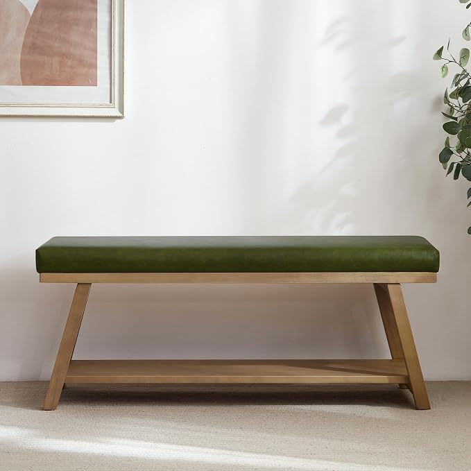 Zihanhome 45" Entryway Bench Upholstered Storage Bench for Bedroom Shoe Rack Bench for Living Room, Hallway, Mudroom, Balcony, Sturdy Indoor Bench Seat Holds Up to 300 lbs (PU-Green)