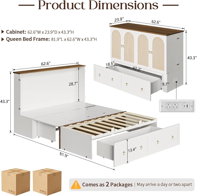 Yoobure Queen Murphy Bed with Charging Station - Rattan Queen Bed Frame with Storage Drawers, Wood Cabinet Beds for Guest Bedroom, Living Room, Office, Farmhouse Hideaway Beds with Foldable Platform