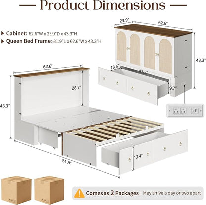 Yoobure Queen Murphy Bed with Charging Station - Rattan Queen Bed Frame with Storage Drawers, Wood Cabinet Beds for Guest Bedroom, Living Room, Office, Farmhouse Hideaway Beds with Foldable Platform