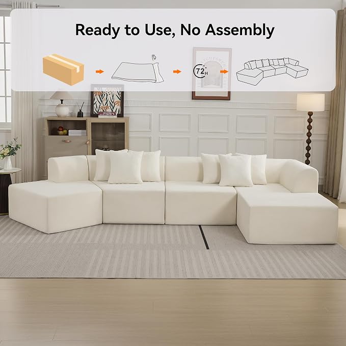 140''Oversized Cloud Velvet Curved Sectional Couch, Boneless Couch with L-Shape Chaise, Upholstered Compression Memory Foam Modular Sectional Sofa for Living Room, No Assembly Required, White