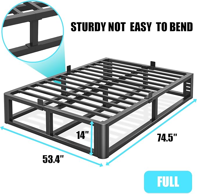 Bilily Metal Heavy Duty 14 inch Full Bed Frame with Rounded Corner and Headboard Hole Mattress Retainers 3500 LBS No Box Spring Needed Platform Noise Free Easy Assembly