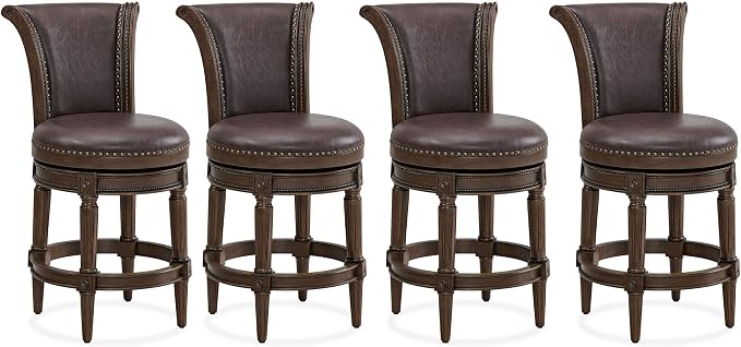ROME + OAK Set of 4 Runyan 26" Swivel Counter Stool, Rotating High Back Barstool in Dark Walnut Finish with Vintage Brown Vegan Leather Seat