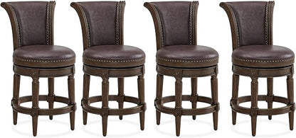ROME + OAK Set of 4 Runyan 26" Swivel Counter Stool, Rotating High Back Barstool in Dark Walnut Finish with Vintage Brown Vegan Leather Seat