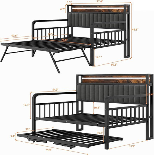 Daybed with Trundle and LED Light, Heavy Duty Metal Full Bed Frame with Upholstered Storage Headboard & Charging Station, Day Bed Pop Up Trundle Bed for Living Room,Bedroom and Guest Room, Brown