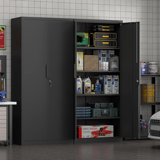 71" H Locking Cabinets, 16.5'' Deep Metal Garage Storage Cabinet with Doors and Shelves, Balck Cabinets for Garage, Kitchen, Office