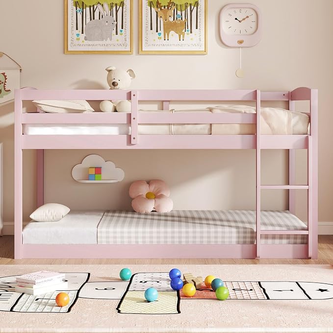 MAT EXPERT Bunk Bed Twin Over Twin, Low Wood Bunk Bed Frame w/Safety Guardrails, Ladder & Slats, Floor Platform Twin Bunk Beds for Kids Toddlers, for Dorm Bedroom, No Box Spring Needed (Pink)