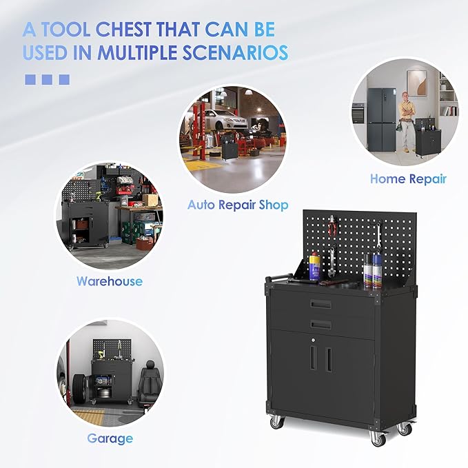 SUXXAN Rolling Tool Organizer Cart with Drawers and Locking Storage Cabinet, Heavy Duty Metal Service Utility Cart with Side Pegboard & Adjustable Shelf for Garage, Workshop, Black 52" H