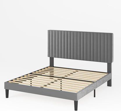 Allewie Full Bed Frame, Velvet Upholstered Platform Bed with Adjustable Vertical Channel Tufted Headboard, Mattress Foundation with Strong Wooden Slats, Box Spring Optional, Easy Assembly, Grey