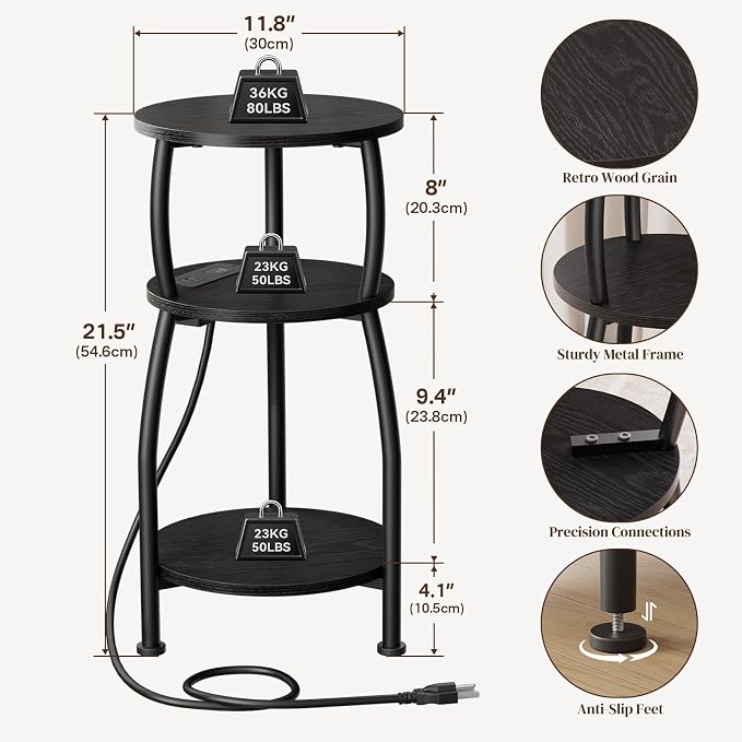Round Side Table with Power Outlet & USB Ports, 3-Tier End Table with Storage Shelf, Modern Rustic Nightstand, Small Spaces Accent Table for Living Room Bedroom, Easy Assembly, Black