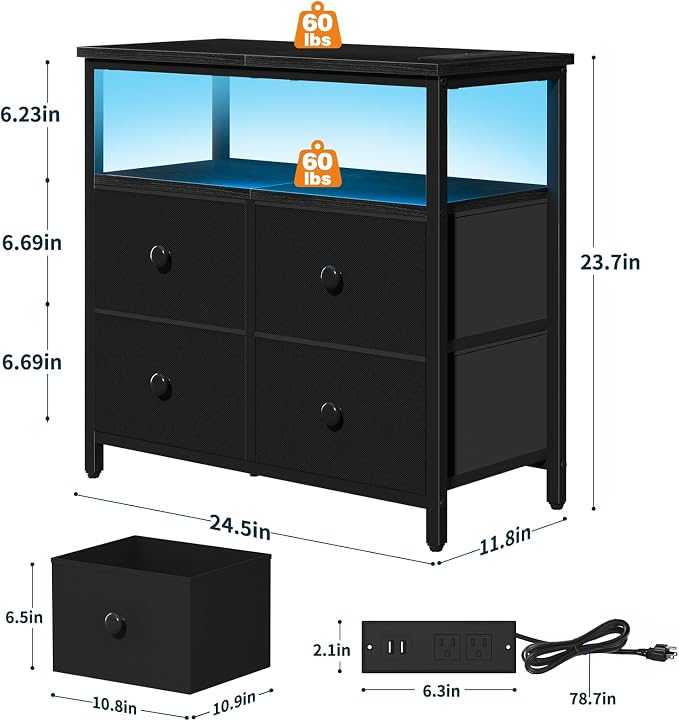 Yoobure Night Stand with Charge Station, Nightstand with 4 Drawers Bedside Table, LED Dresser with Storage Shelf, Night Stands for Bedroom, Side Table 3-Tier Wood End Table for Home, Office Black