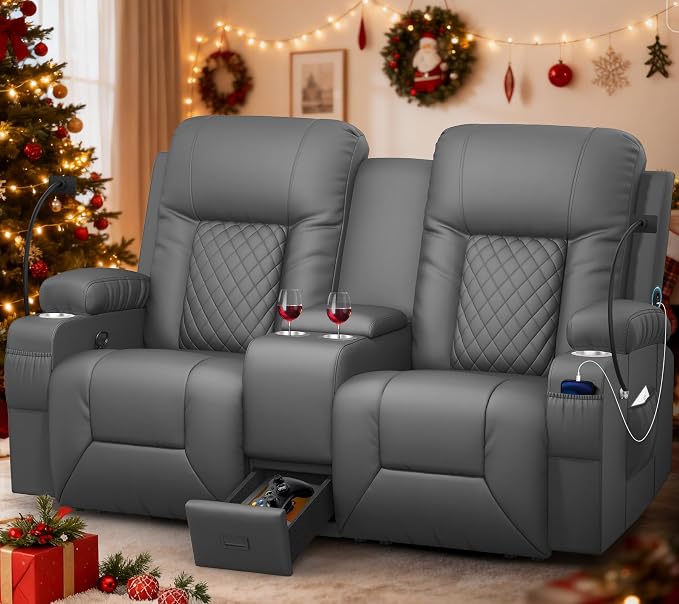 YONISEE Large Loveseat Recliner, Loveseat Recliner Sofa with Storage Console, Recliner Chair with USB Ports, 2 Cell Phone Holders, Cup Holder, Loveseat Couch for Living Room (Dark Gray)