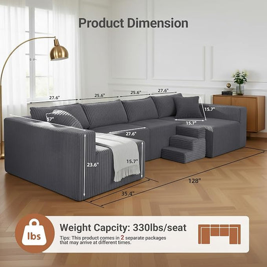 128" U-Shaped Modular Sofa, Modern Cloud Couch with Double Chaise, Sectional Boneless Couches for Living Room Bedroom, No Assembly Required, Dark Grey