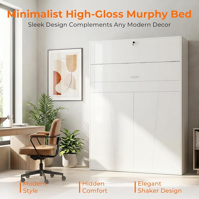 CECER Queen Vertical Murphy Wall Bed，Space Saving for Offices/Guest-White | Durable Gas-Lift for smooth folding，16 Color Controllable LED Lights，Sturdy frame ＆ Easy Assemble，High Gloss Panel
