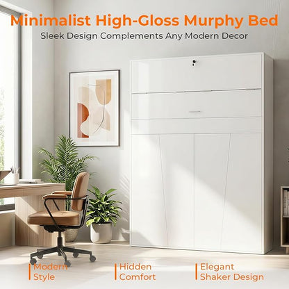CECER Queen Vertical Murphy Wall Bed，Space Saving for Offices/Guest-White | Durable Gas-Lift for smooth folding，16 Color Controllable LED Lights，Sturdy frame ＆ Easy Assemble，High Gloss Panel