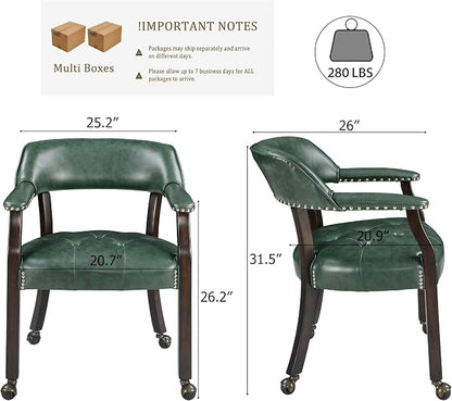 LEEMTORIG Set of 2 Large Dining Chairs with Casters and Arms, Rolling Dining Chairs with Wheels, Game Poker Chairs, Boss Caption's Chairs, 26" Dx25.2 Wx31.5 H, Espresso Legs & Green PU, XXY-1910-GN