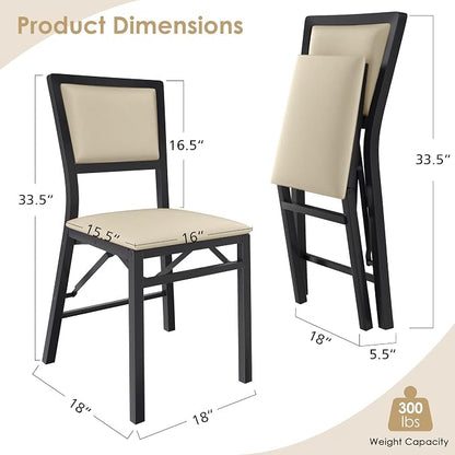 VECELO Folding Dining Chairs Set of 2, Metal Padded Foldable Seating with Comfortable Faux Leather, Space-Saving Portable Guest Seats for Kitchen & Office, No Assembly, Creamy Beige