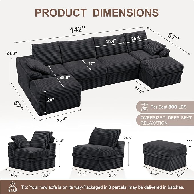 142" Modular U-Shaped Sectional Sofa with Storage, 4-Seat Corduroy Boneless Couch, 27" Deep Seat Cloud Couch & 2 Movable Ottoman, Tool-Free Assembly, Couch for Living Room, Grey