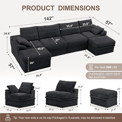 142" Modular U-Shaped Sectional Sofa with Storage, 4-Seat Corduroy Boneless Couch, 27" Deep Seat Cloud Couch & 2 Movable Ottoman, Tool-Free Assembly, Couch for Living Room, Grey