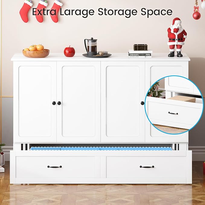 PUREMIND Queen Murphy Bed with Mattress Included, Multi-Functional Hideaway Cabinet Bed with Storage Drawer, USB Charging Port and Folding Bedside Panel, Space Saving Chest Beds Wallbed for Guest Room