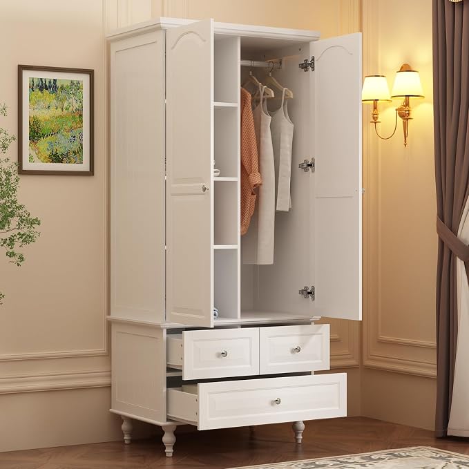 Bedroom Wardrobe Cabinet with 2 Doors, Wood Armoire Closet with Hanging Rod, Wardrobe Closet with 3 Drawers & Multi-Shelves for Clothes Organize, White (19.7" D x 31.5" W x 70.9" H)