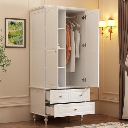 Bedroom Wardrobe Cabinet with 2 Doors, Wood Armoire Closet with Hanging Rod, Wardrobe Closet with 3 Drawers & Multi-Shelves for Clothes Organize, White (19.7" D x 31.5" W x 70.9" H)
