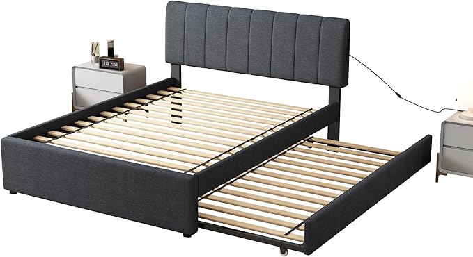 Full Size Upholstered Platform Bed with Pull-Out Trundle Bed | Twin Size Trundle, LED Lighting Controlled by APP, USB+Type-C Charging Ports, Linen Upholstered Bed Frame,Dark Grey