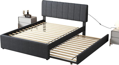 Full Size Upholstered Platform Bed with Pull-Out Trundle Bed | Twin Size Trundle, LED Lighting Controlled by APP, USB+Type-C Charging Ports, Linen Upholstered Bed Frame,Dark Grey