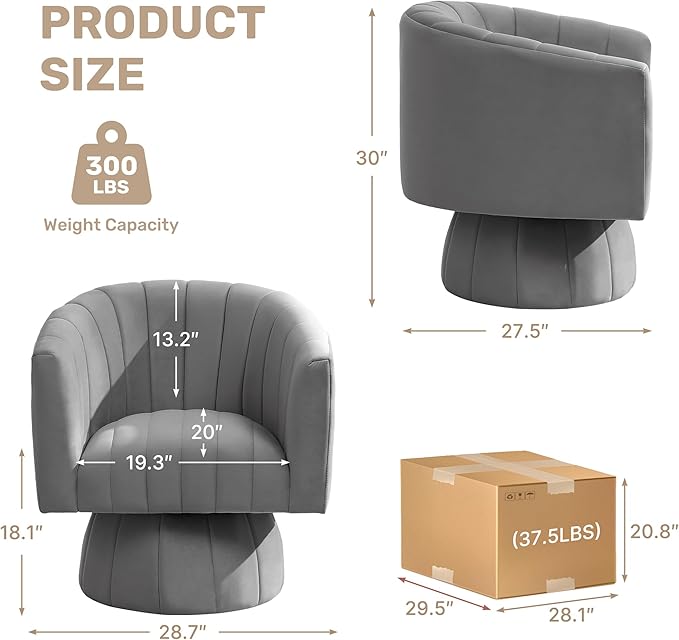 Swivel Accent Barrel Chair Set of 2, Cute Comfy Small Round 360° Arm Chair, Velvet Sofa Club Reading Chair for Living Room Bedroom Office Grey