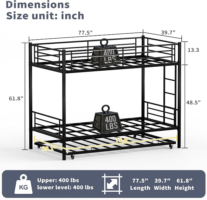 Twin Over Twin Bunk Bed Frame with Trundle,Metal Bunk Bed Bedframe with Guard Rail and Ladders for Adults,Can be Divided into 3 Beds, No Box Spring Needed,Space Saving Design