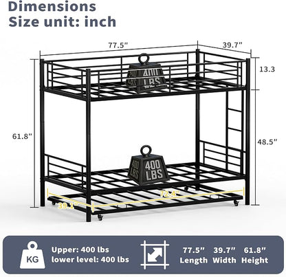 Twin Over Twin Bunk Bed Frame with Trundle,Metal Bunk Bed Bedframe with Guard Rail and Ladders for Adults,Can be Divided into 3 Beds, No Box Spring Needed,Space Saving Design