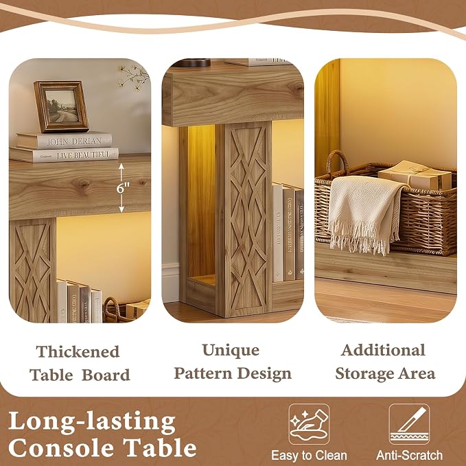 Unikito 63" Console Table with Outlets & LED Lights, Farmhouse Entryway Table with Unique Geometric Pattern, Sofa Table Behind Couch with 2-Tier Storage for Living Room, Hallway, Foyer, Natural Oak