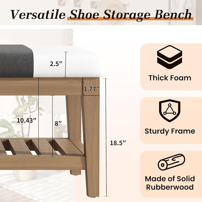 Apicizon 45" Shoe Rack Bench with Upholstered Cushion, Solid Rubberwood Entryway Shoe Bench, Modern Chenille Ottoman Bench with Storage for Hallway Bedroom Living Room Front Door Entrance, Dark Gray