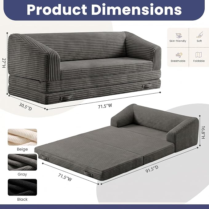 JUIKURY Convertible Sofa Bed, 3-in-1 Foldable Loveseat Couch with Armrest, Corduroy Floor Sofa & Sleeper Bed, No Assembly High-Density Foam Futon Mattress for Living Room, Small Apartment, Dorm