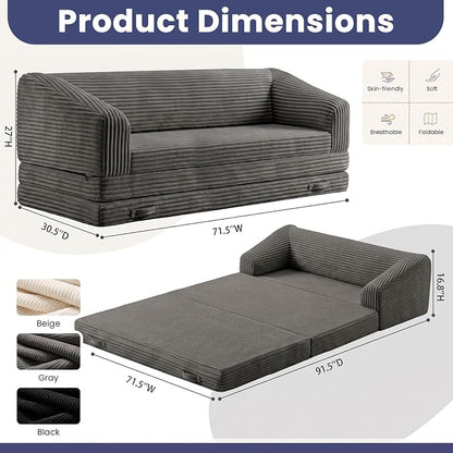 JUIKURY Convertible Sofa Bed, 3-in-1 Foldable Loveseat Couch with Armrest, Corduroy Floor Sofa & Sleeper Bed, No Assembly High-Density Foam Futon Mattress for Living Room, Small Apartment, Dorm