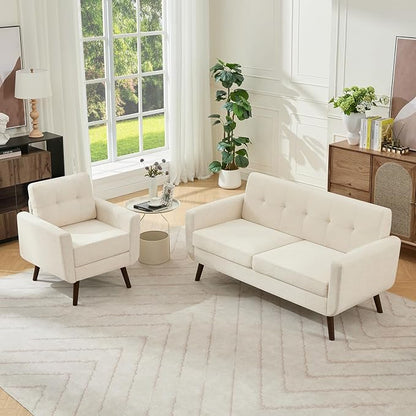 Tbfit Mid Century Modern Sofa Couch, Beige, Loveseat & Accent Chair | linen fabric