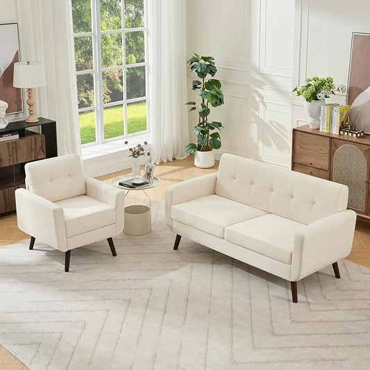 Tbfit Mid Century Modern Sofa Couch, Beige, Loveseat & Accent Chair | linen fabric
