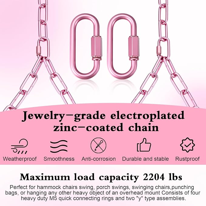 Heavy Duty Porch Swing Hanging Chain Kit (2 Pack) 1500 Lbs Capacity, Up to 7.1ft Length- Rustproof Zinc-Plated, 4 Quick Links & 2 Y-Chain Assemblies, Indoor/Outdoor Hanging Hardware(Pink)