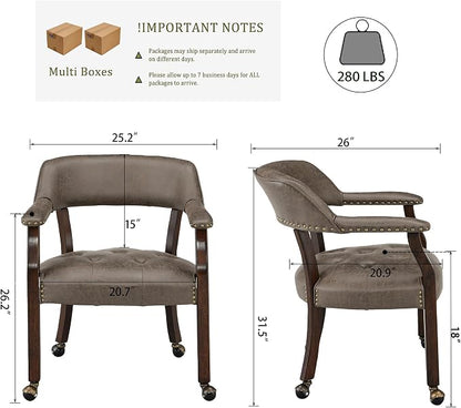 LEEMTORIG Set of 2 Dining Chairs with Casters and Arms, Rolling Dining Chairs with Wheels for Elderly, Ergonomic Wide Seat Wooden Office Chairs, 26"Dx25.2"W, Espresso Legs&Dark Brown Fabric SY-318-DK