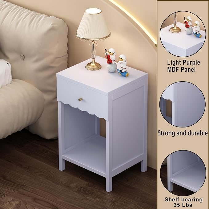 Cute Nightstand with Drawer and Open Shelf, Scalloped Edge Design Bedroom Bedside Table, Wood End Table for Kids Girls Bedroom, Light Purple