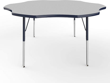 FDP Flower Activity School and Office Table (60 inch), Standard Legs with Swivel Glides for Collaborative Seating Environments, Adjustable Height 19-30 inches - Gray Top and Navy Edge