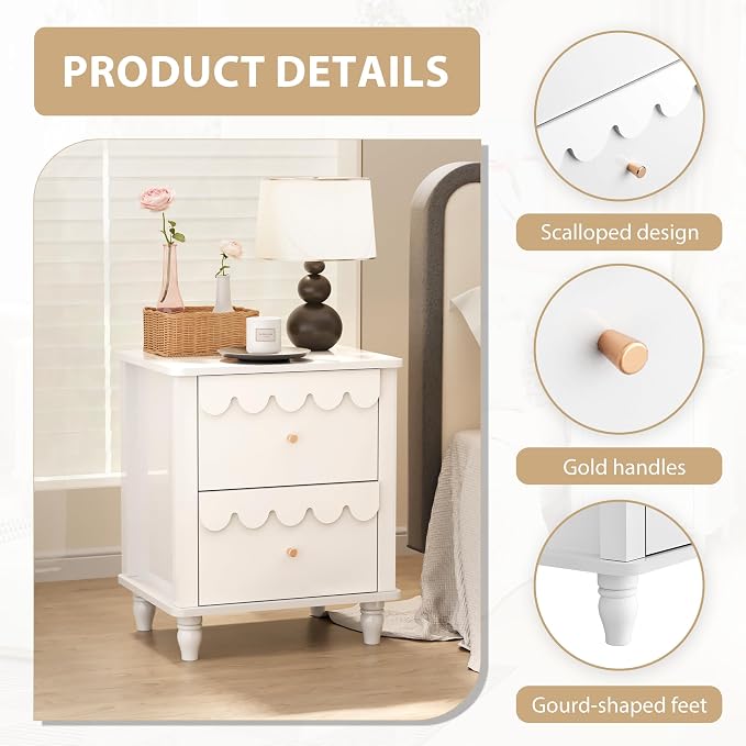 White Nightstand Side End Table with 2 Drawers, Modern Wood Night Stand with Petal Pattern for Bedroom, Scalloped Bedside Night Tables with Solid Wood Legs