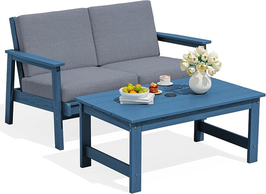 SERWALL Outdoor Loveseat, Blue Frame and Grey Cushion